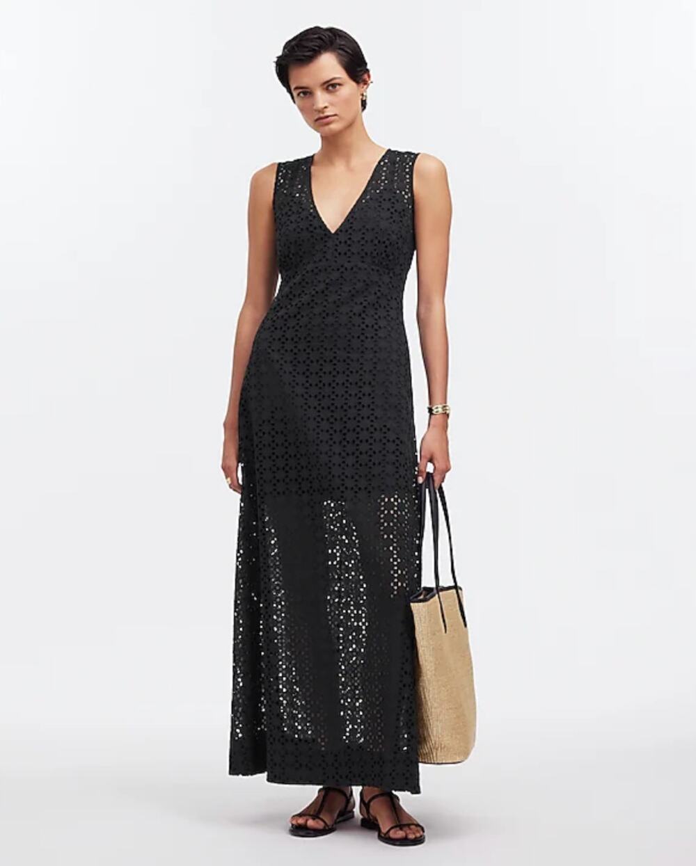 Madewell Eyelet V Neck Maxi Dress Flowy Cottagecore Cotton Black Pocket US 4 NWT
